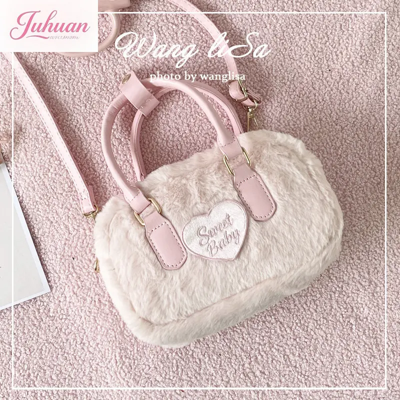 

Japanese Sweet Autumn Winter Plush Love Lolita Small Square Bag Women's Niche Versatile Messenger Bag Girl Heart Handbag Pink