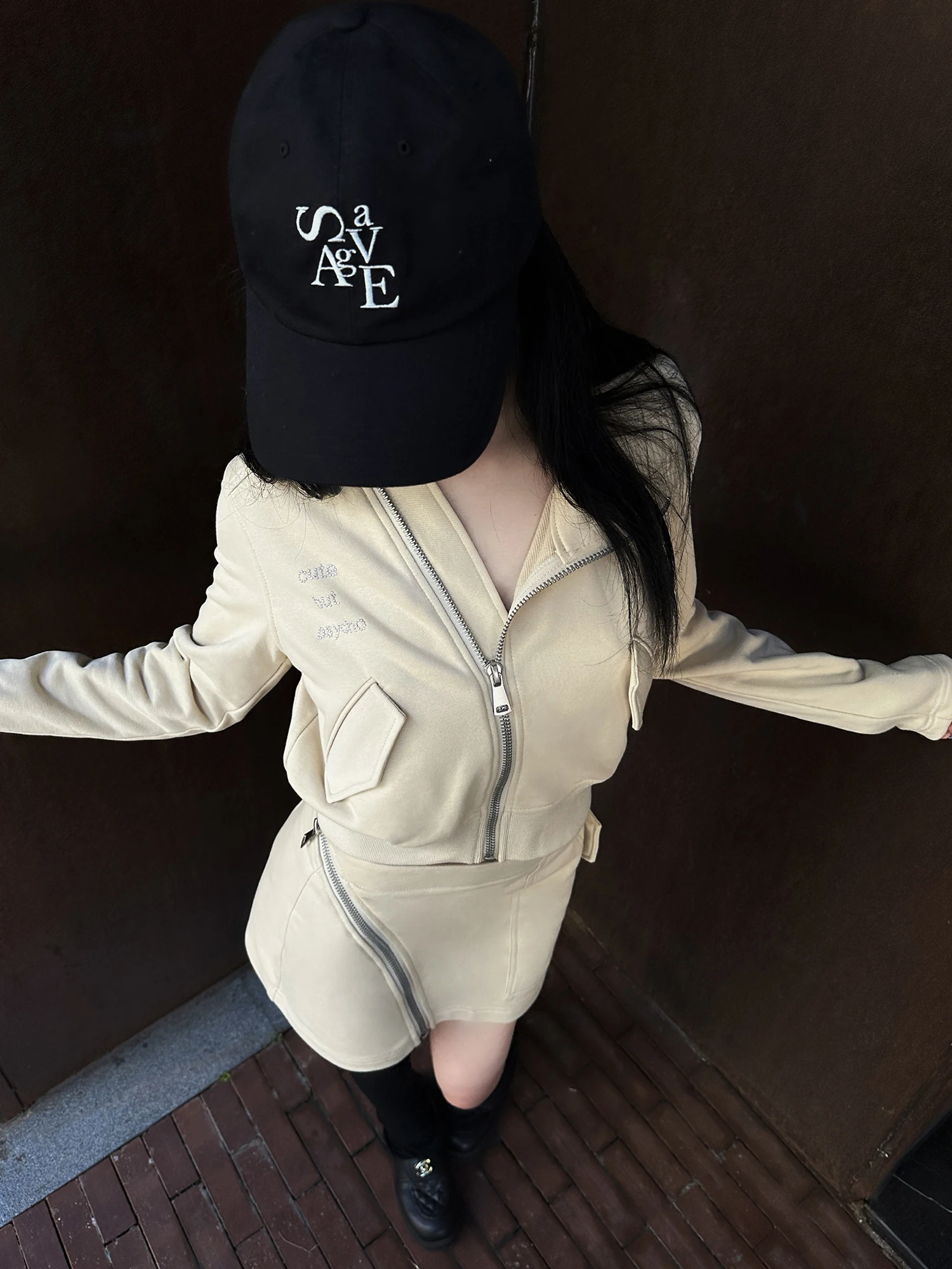 

BabesoQ Premium Light Peach Zipper Sweatirt Jaet ort Skirt Casual Set Multi-structure Faionable Women's Ensemble