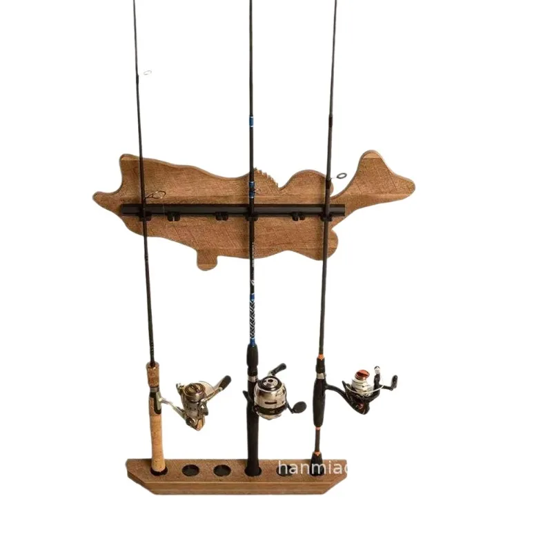 Solid wood fishing rod storage rack Wall decoration Wall-mounted fishing rod placement rack Wooden vertical fishing