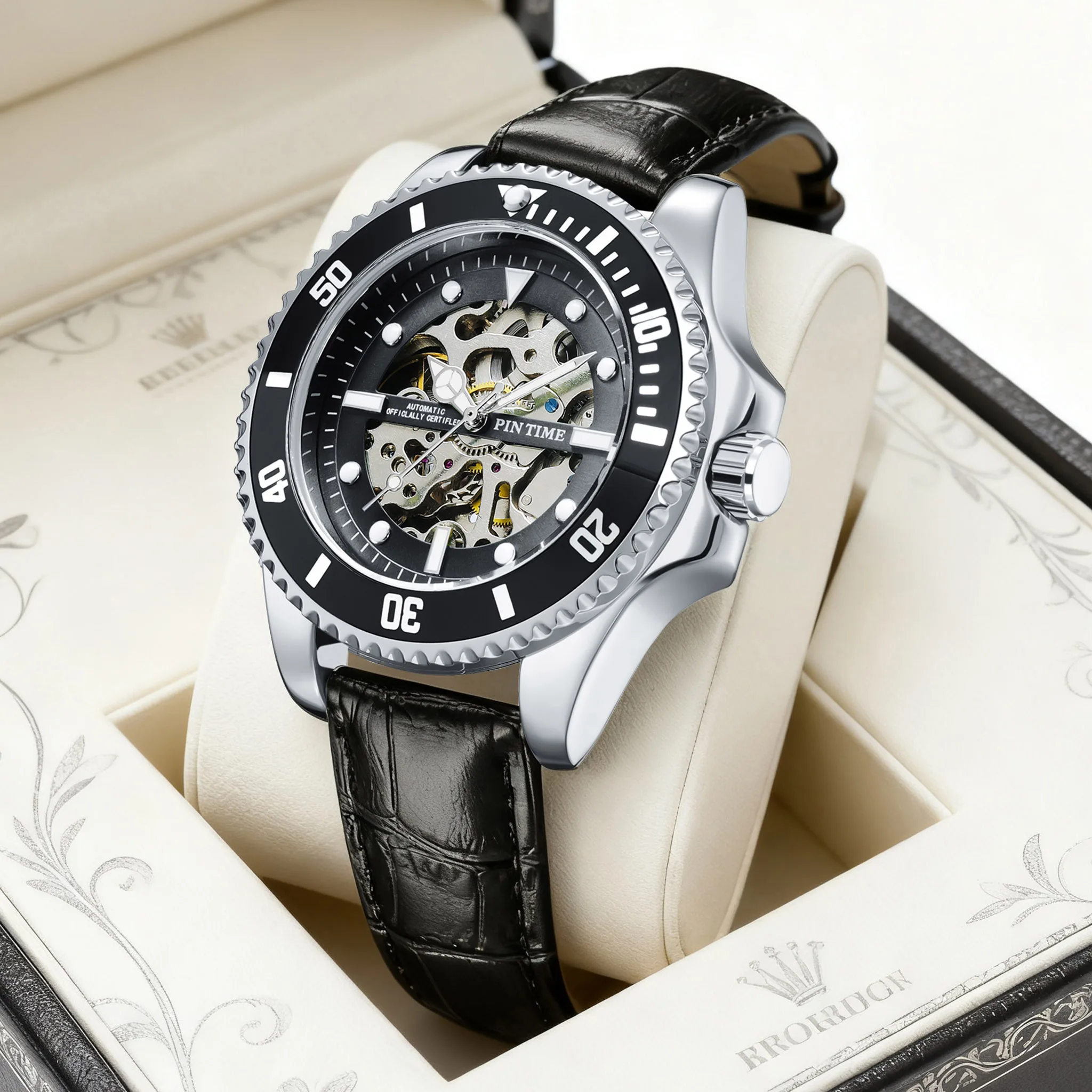 

Classic Business Men Automatic Mechanical Watch Skeletonized Titanium Alloy Steel Case Self-Winding Movement Stylish Men's Gift