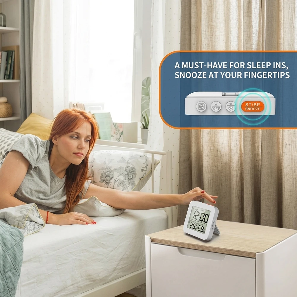 Digital Alarm Clock Temp/Humidity Wall Mount Dual Alarms Countdown Adjustable Volume Battery Operated for Travel Kitchen Home