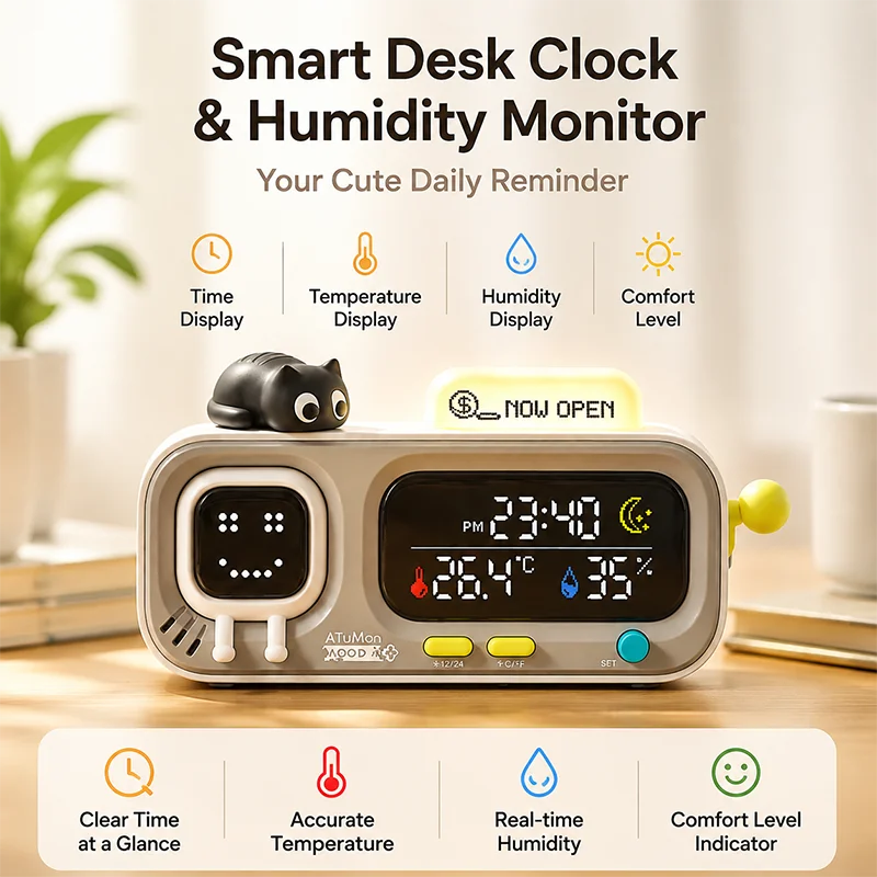 DUKA MOODA Smart Desktop Temperature Humidity Pixel Clock Digital Time Display Meter Drink Water Reminder Cute Desktop Ornament