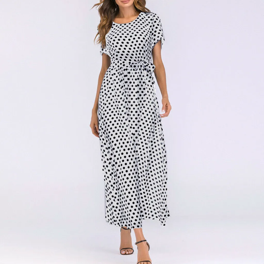 Women Polka Dot Dress Summer Fashion Bandage Print Short Sleeve Long Dress Female Beach Party A-line Maxi Dress Vestidos