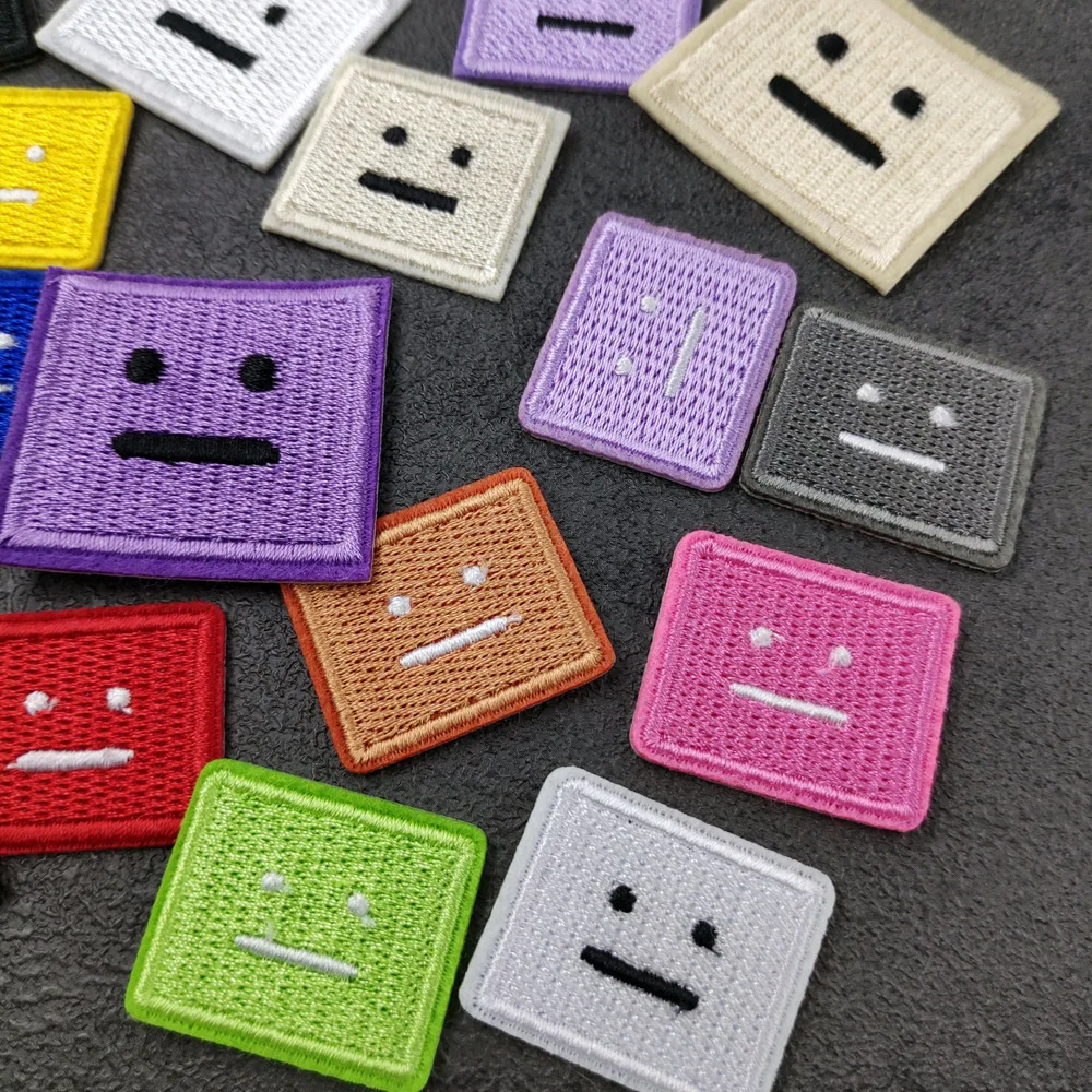 Square Face Patch Cloth Embroidered Applique Sewing Clothes Apparel Accessories Green Red Blue Yellow White Back Expression