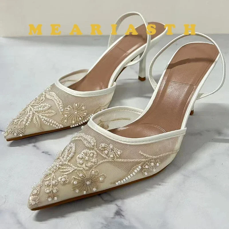 

Design Mesh Embroidered Flowers Sandals Women Breathable 2025 Summer Slingback Pumps Women Sexy Pointed Toe Thin High Heels
