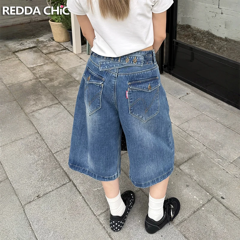 

ReddaChic Women Cargo Jean Shorts Going Out Embroidery Loose Buckle Back Wide Leg Straight Bermuda Pants Vintage Summer Clothes