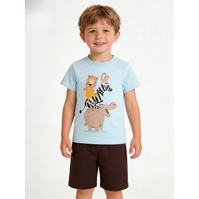 

Summer 3-8 Years Two-piece short-sleeved suit boys with cartoon animal print and round neck children's top
