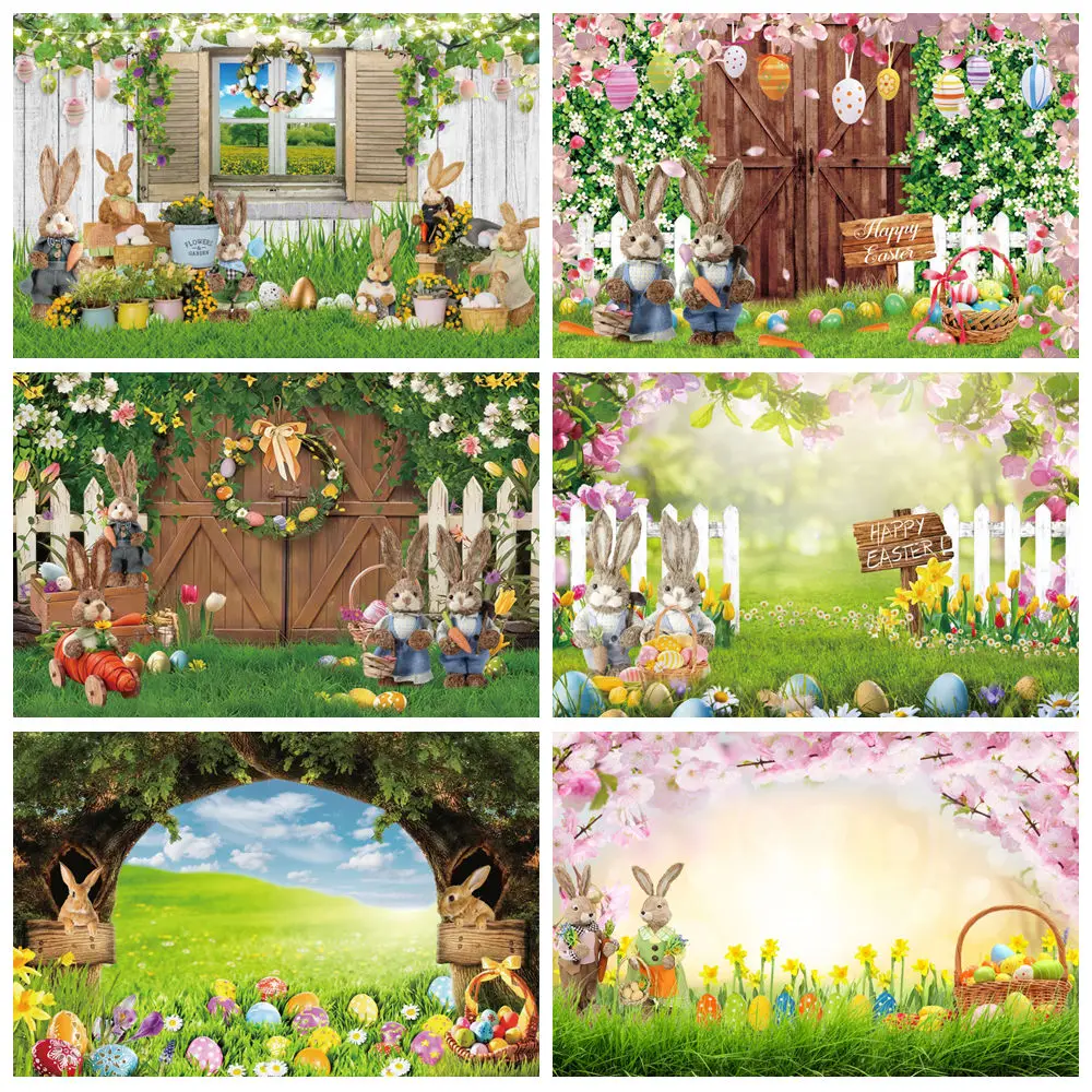 

Spring Easter Photography Backdrop Garden Green Grass Flowers Rabbit Eggs Wood Board Kids Birthday Party Photo Background Decor