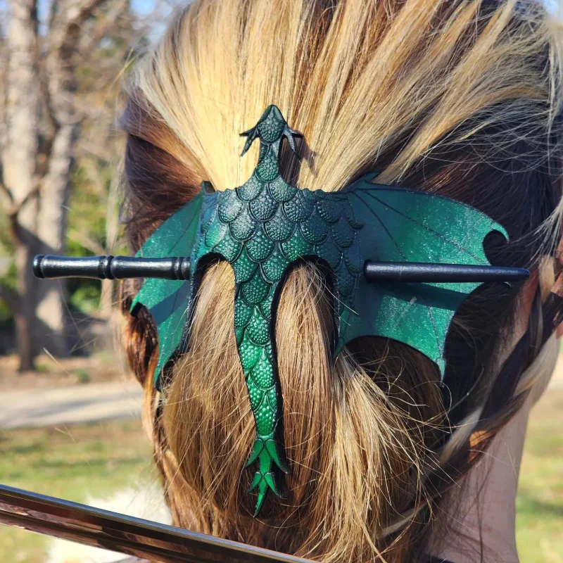 Medieval Dragon Hair Stick with Wooden Pin–Cosplay Accessory–Carved Leather Dragon Hair Ornament–Viking Fantasy Hair Accessory