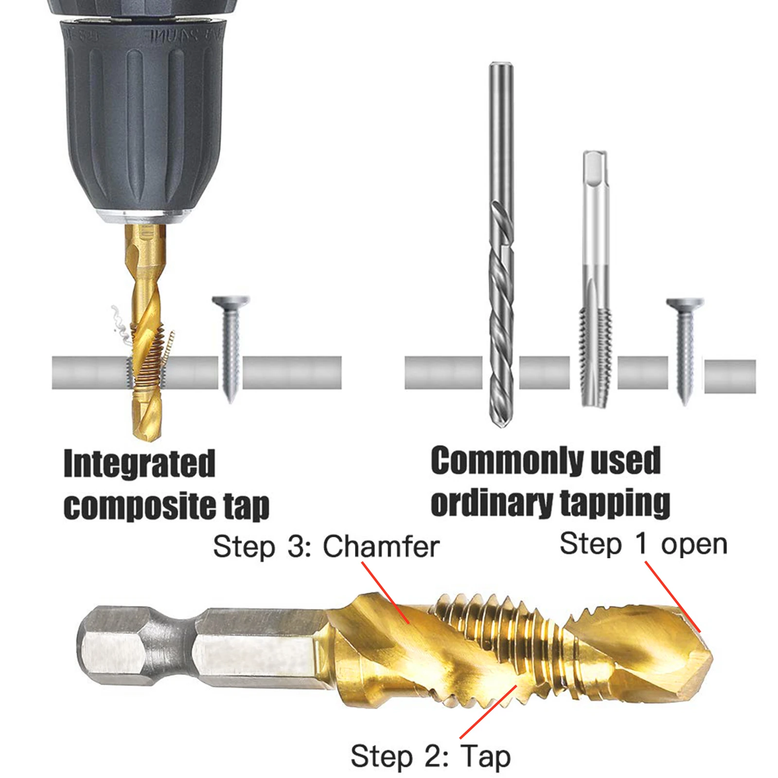 6Pcs HSS-4241 Titanium Coated Screw Tap Drill Bit Set M3 M4 M5 M6 M8 M10 Screw Thread Tools With 1/4\'\' Hex Shank For Metal Wood