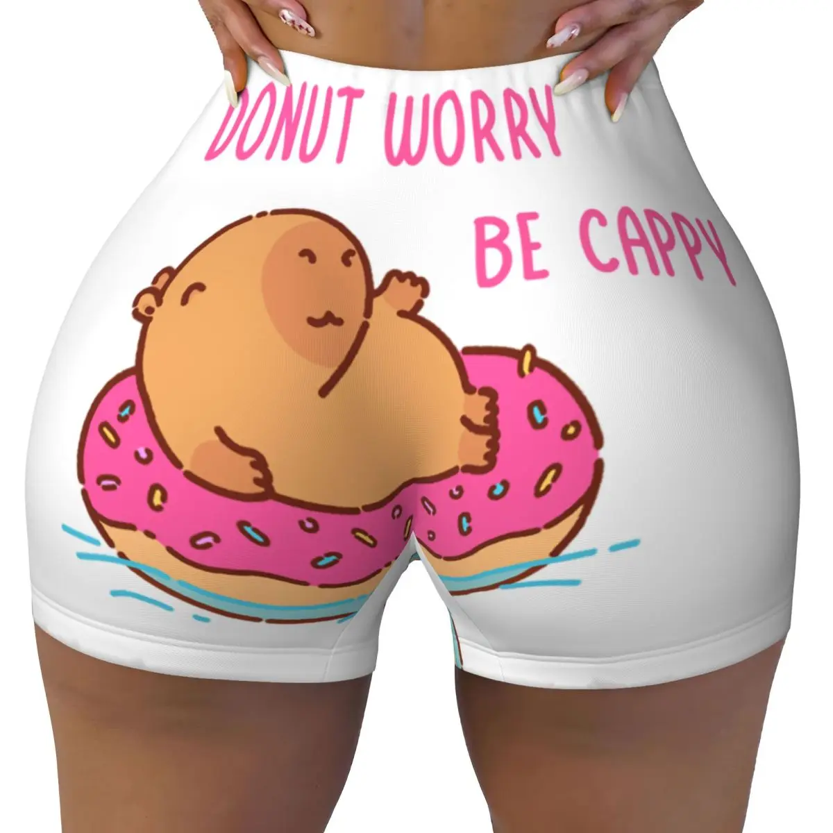 Custom Capybara Floating In A Donut Floater Donut Worry Be Cappy Gym Running Volleyball Shorts Women Workout Yoga Shorts