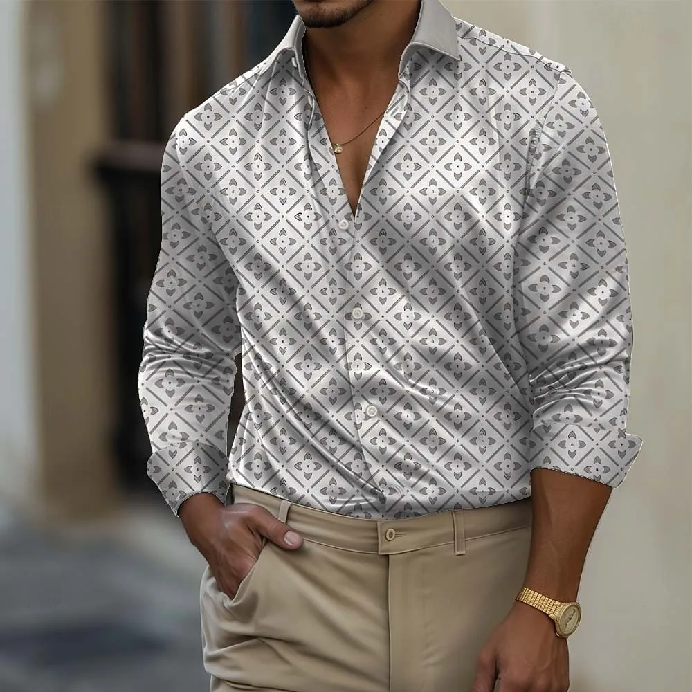 Men's geometric long sleeved casual shirt long sleeved business casual vacation daily wear suitable for daily work in summer, sp