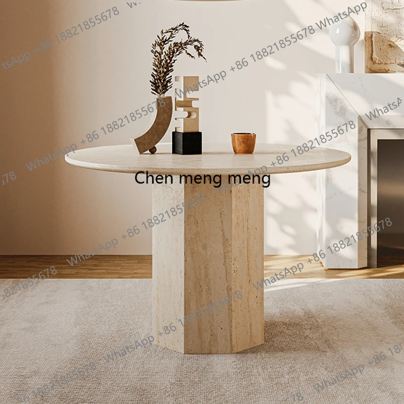 

Modern simple natural travertine round dining table living room household small apartment wabi sandy wind luxury stone