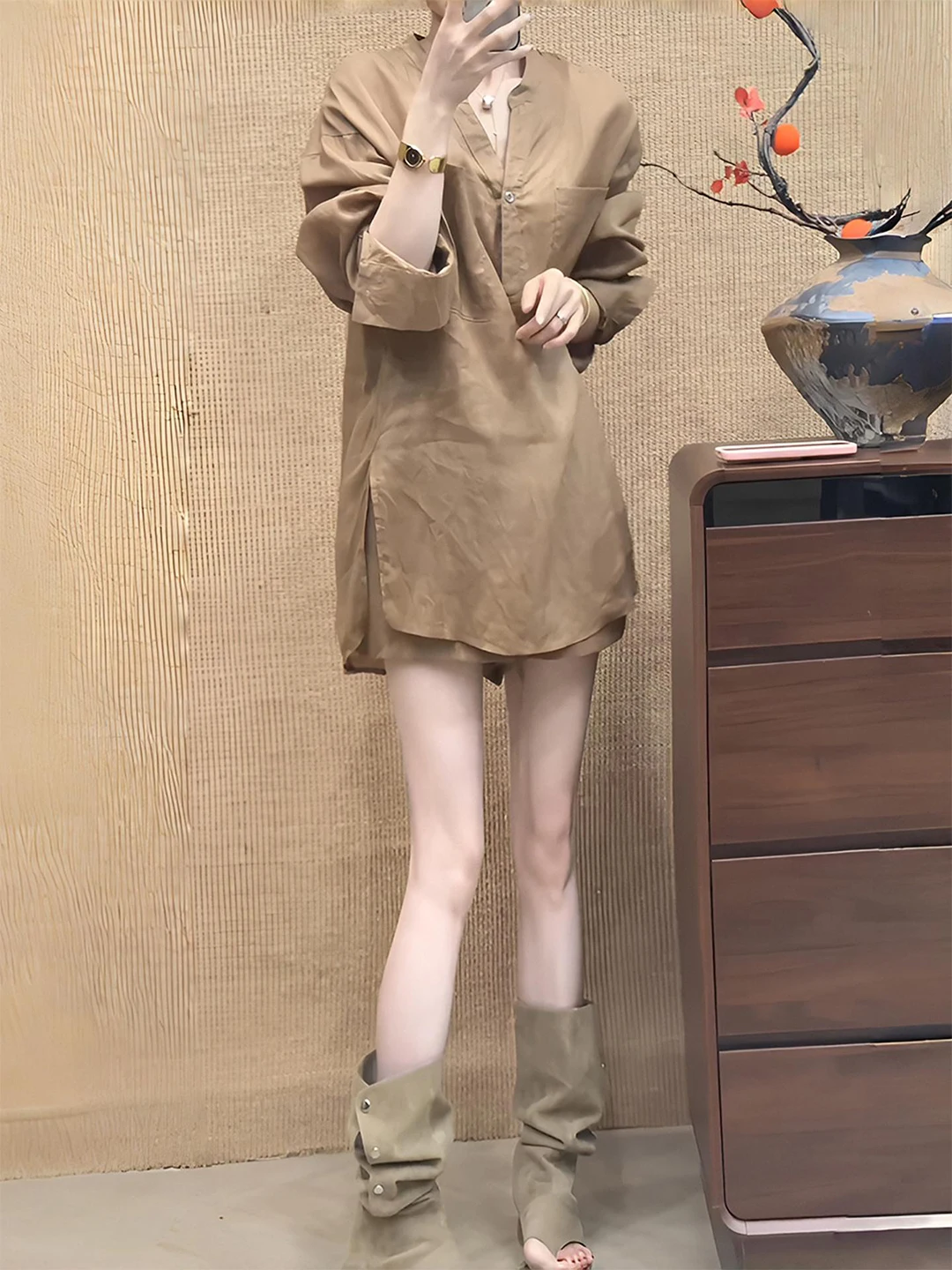 

Retro Women's Summer Outfit Long Sleeve Shirt Top with Drawstring High Waist Wide Leg Shorts Two Piece Set Breathable Lightwe...