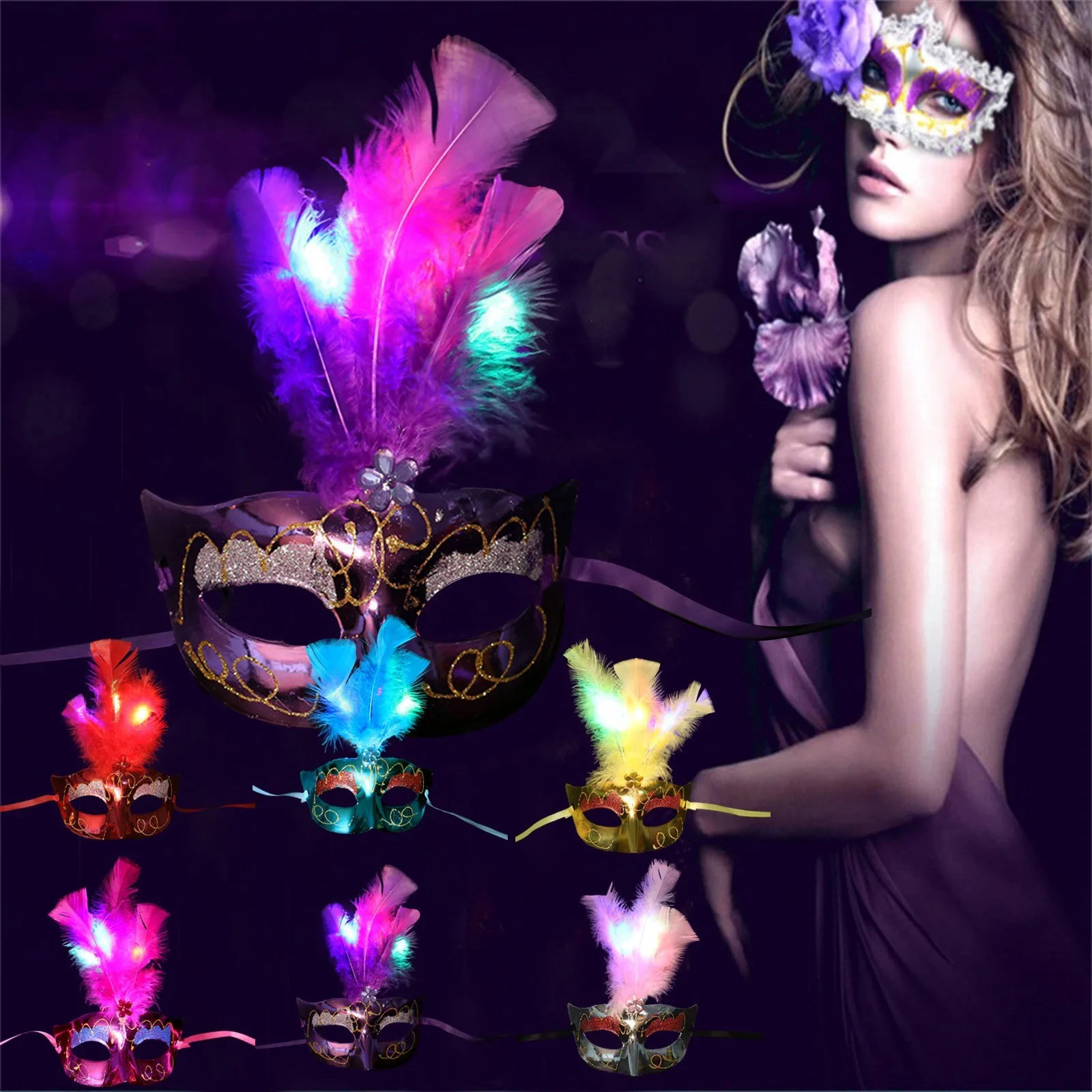 

Halloween Luminous Fluff Fiber Prom Masquerade Feather Half Face Carnival Party Children Toy Headgear Party Favors
