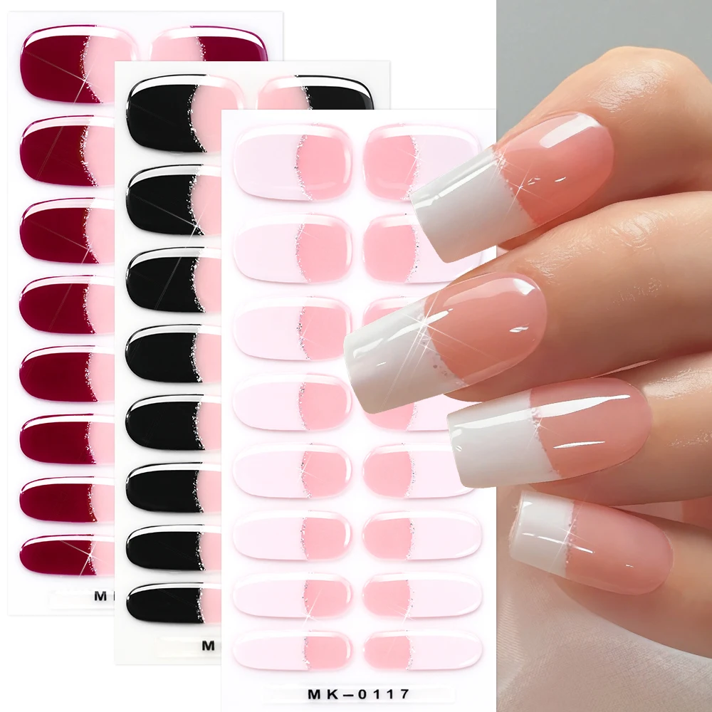 

Наклейки для ногтей 1/3 листа, глиттерные, французский дизайн, без запекания, гелевые, красные, черные, белые, для френч-маникюра, наклейки-декали для ногтей, полное покрытие, маникюрные пленки для ногтей формы «кофин»