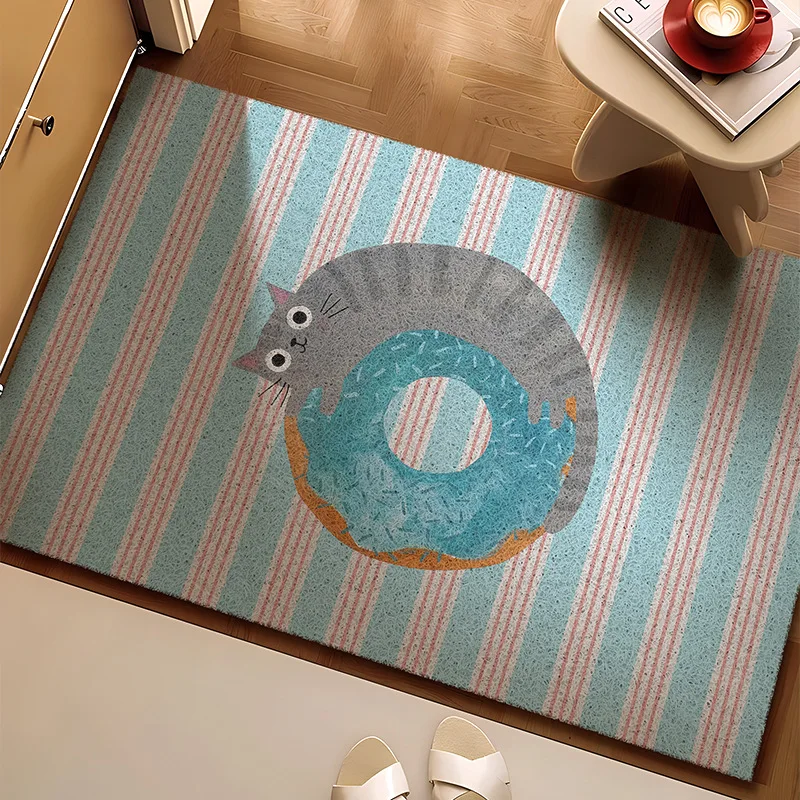 Cute Cat Donut Door Mat Non-Slip PVC Wire Loop Entrance Doormat Washable Kitchen Bathroom Rug Indoor Outdoor Carpet