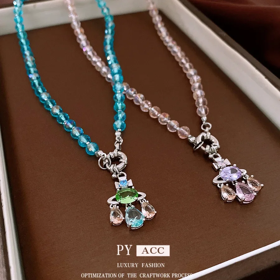 Collar con colgante de cristal de Saturno a la moda, joyería versátil de aleación de Zinc, cadena de cerradura, accesorio elegante de sensación de alta gama