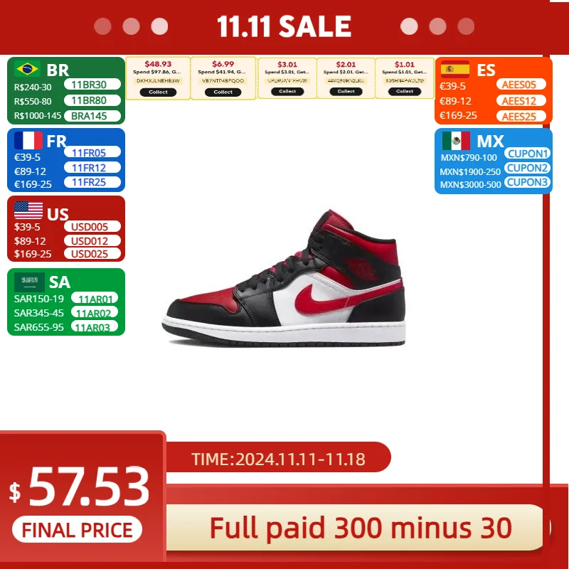 Nike Original Air Jordan 1 Mid Mens Retro Classic Basketball Sneakers Klassiek Zwart en Rood Colorway