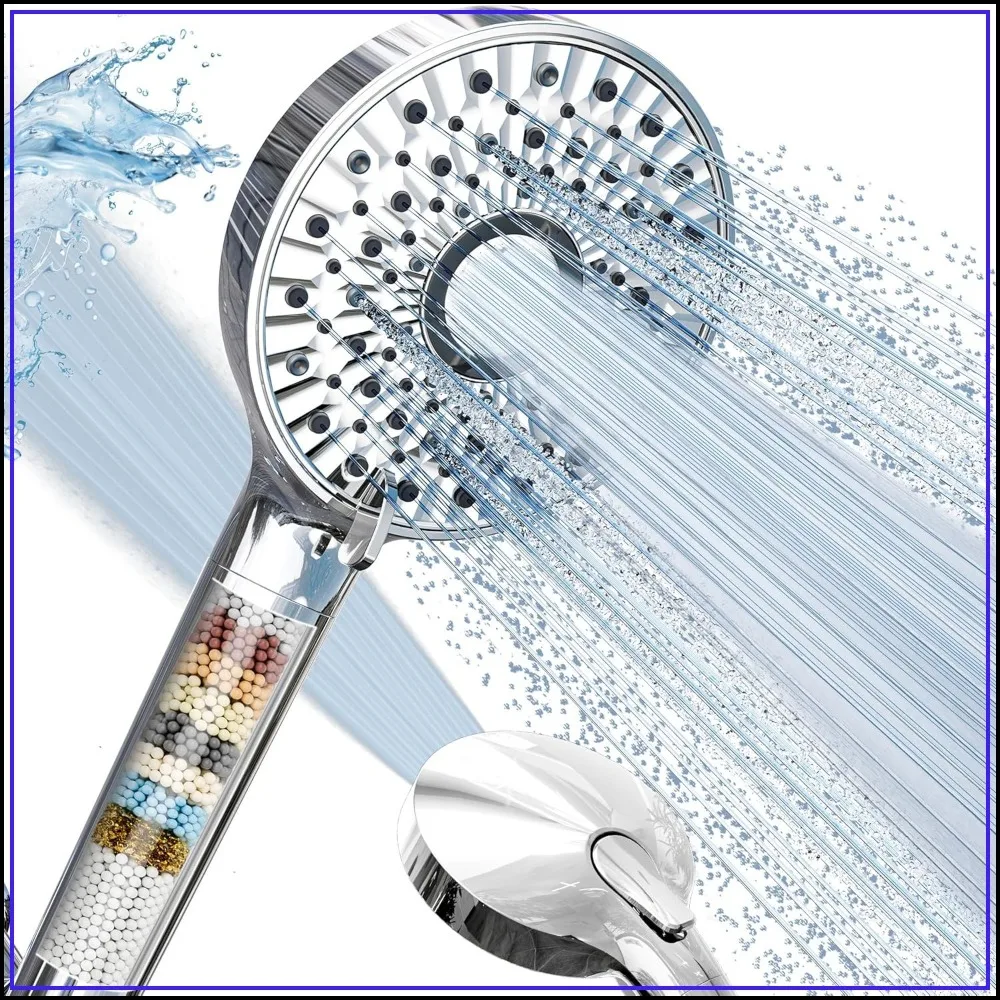 High Pressure 10-Spd Detachable Chrome Showerhead with Stainless Hose, Water Softener Filter Beads for Hard Water - Remove Chlorine, Reduce Dry Itchy Skin
