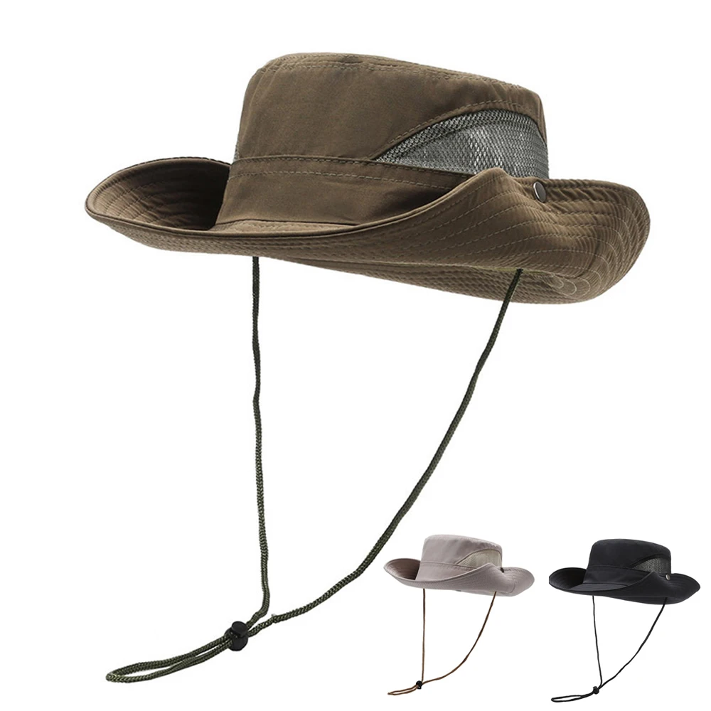 Summer Men Bucket Hat Outdoor UV Protection Wide Brim Panama Safari Hunting Hiking Casual Sun Cap Beach Sunscreen Fisherman Hat