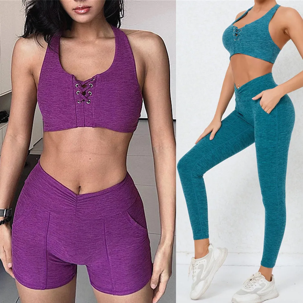 2024 1/2PCS Nylon Laced Crop Sport Bra Women Yoga Set Gym Shorts Squat Proof Legging Workout Pocket Pant Fitness Active Suit