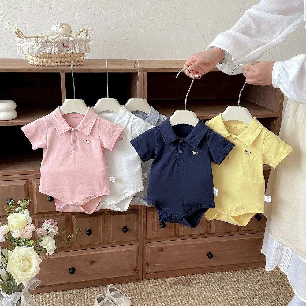 INS Summer Baby Boy Romper 0-2Years Newborn Little Gentleman Short Sleeve Turn Down Collar Cotton Bodysuit Casual Clothes