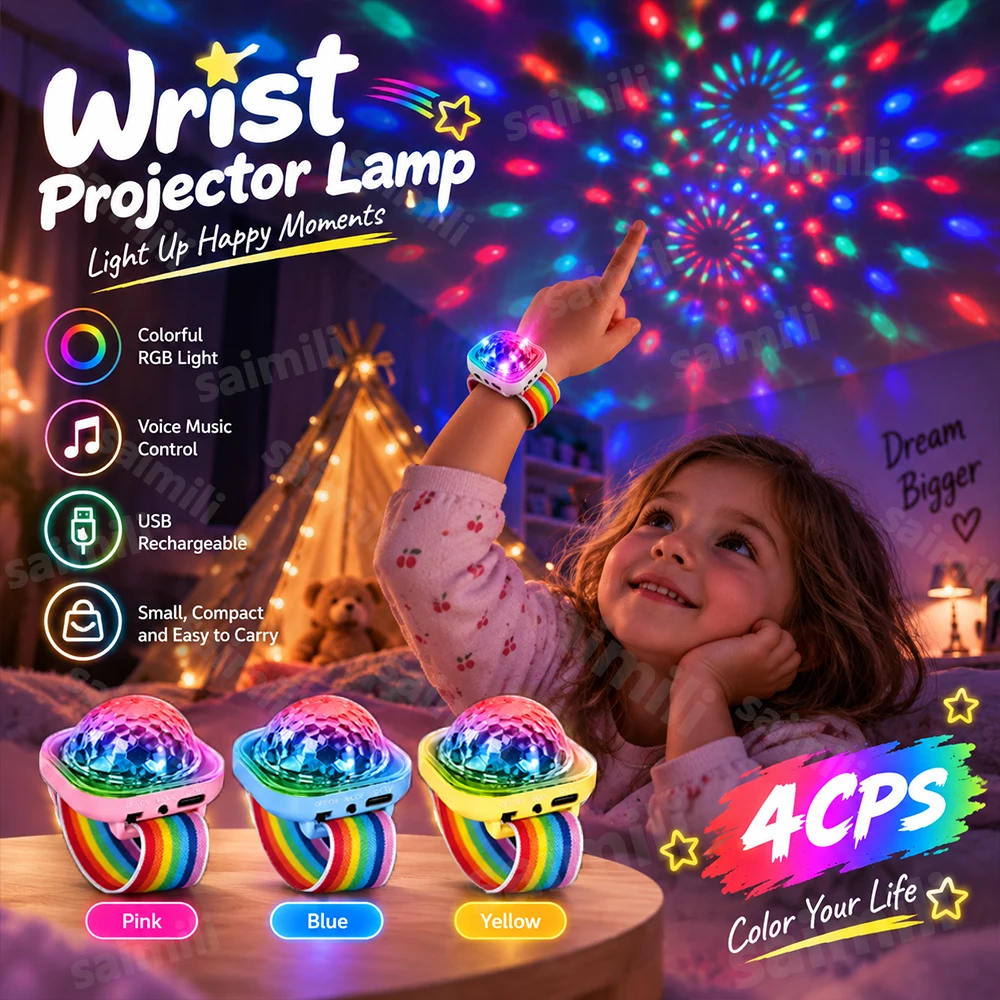 4PCS Wrist-style Disco Ball LED Projector Light Wearable Bracelet Lamp RGB Sound Control Rechargeable Portable Ambient Lighting