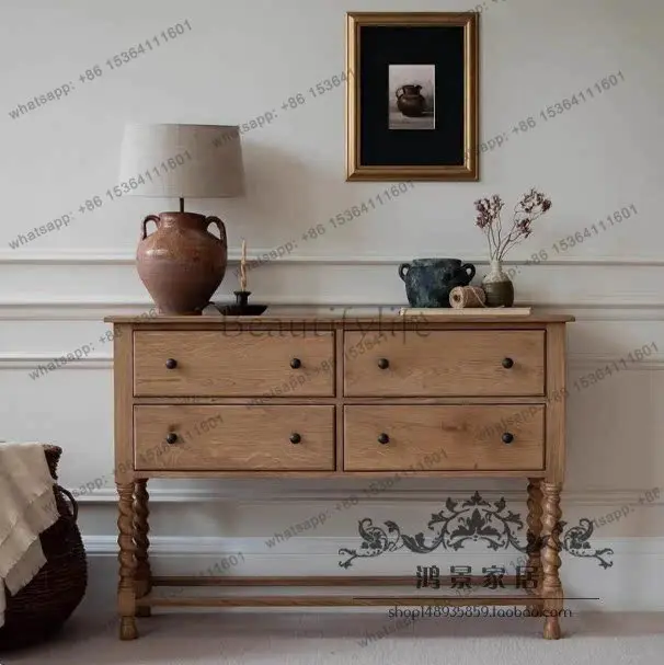 American retro solid wood chest cabinet French engraved living room display locker