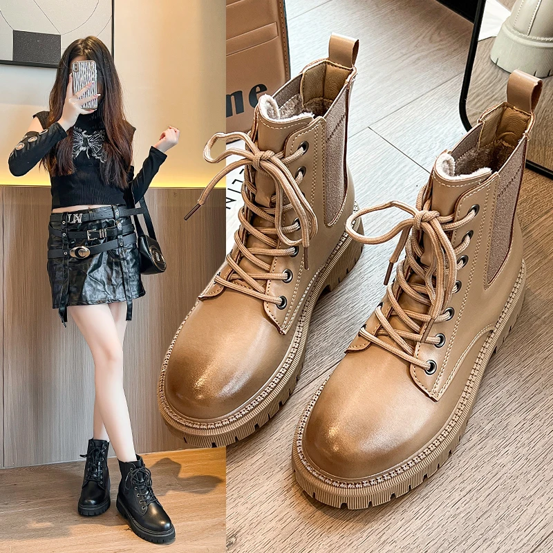 Winter Women\'s Boots 2023 New Fashion Gradient Round Toe Khaki Platform Shoes Female High-top Lace-up Hiking Boots Zapatos Mujer