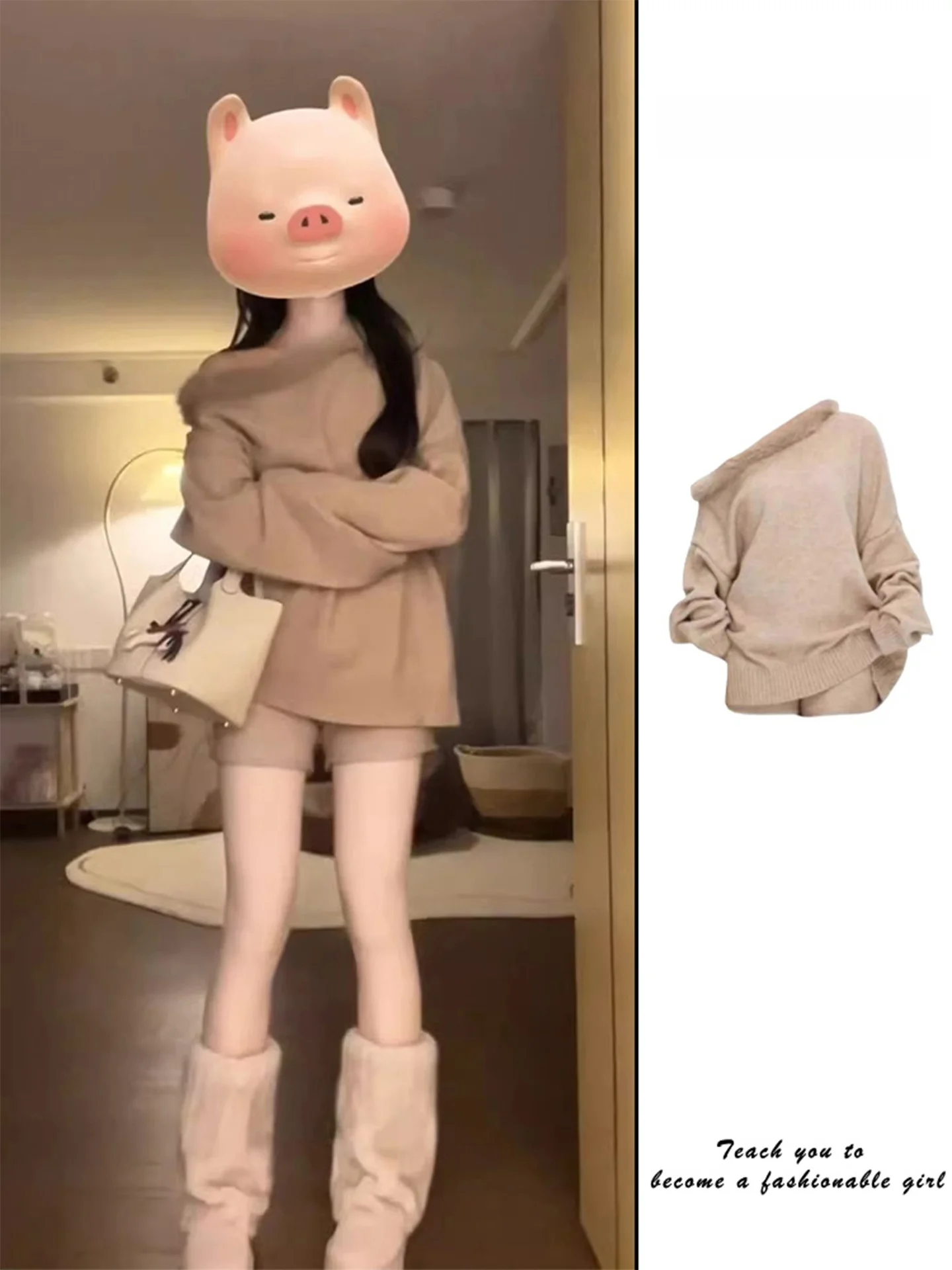 

Korean Style Lazy Shoulder Bared Knitted Sweater Set Women's Autumn Winter Hot Girl Fur Collar Oblique Shoulder Short Pants T...