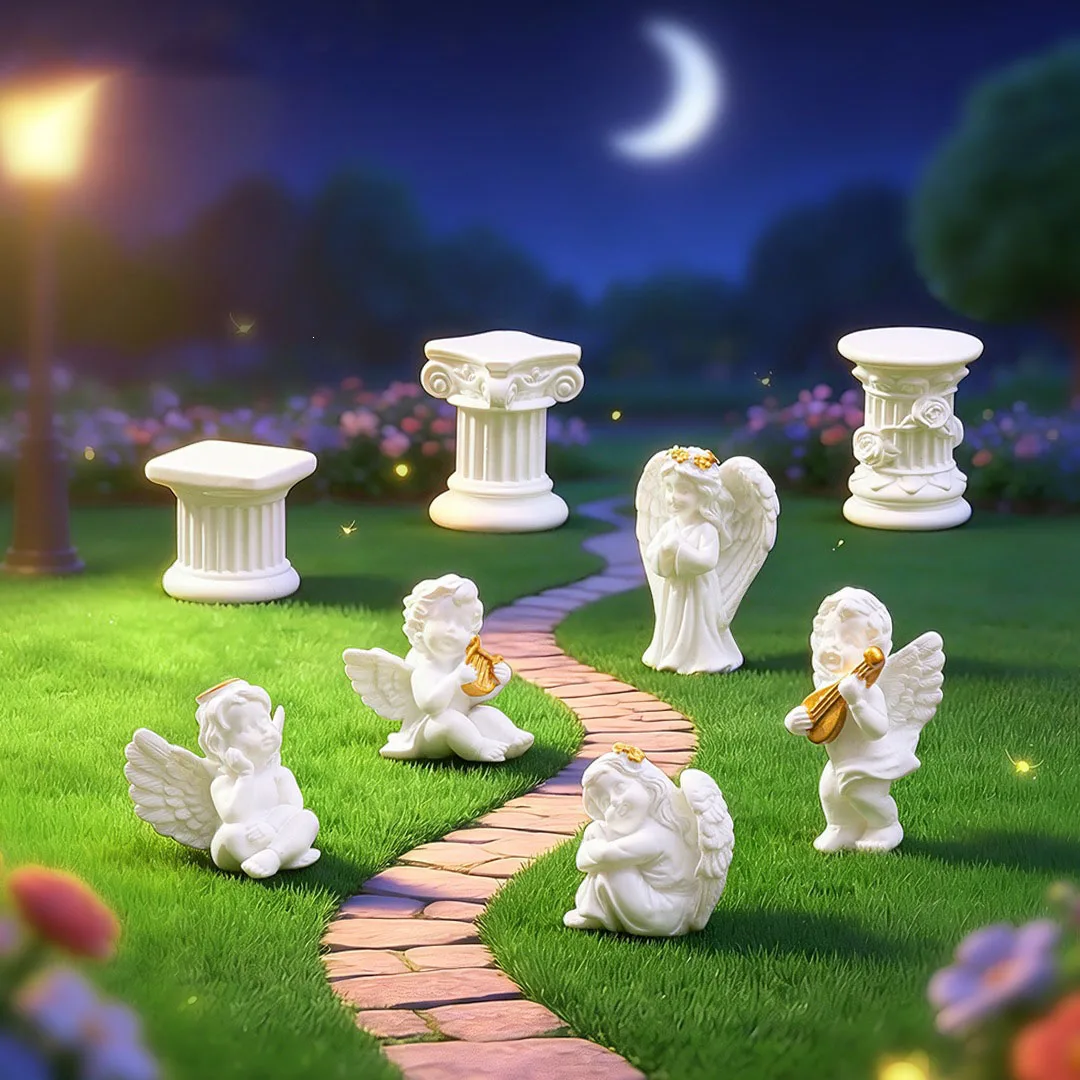 Resin Angel Figurines Mini Roman Column Statue Cupid Cherub Sculpture Micro Landscape Ornament Fairy Garden Home Desktop Crafts