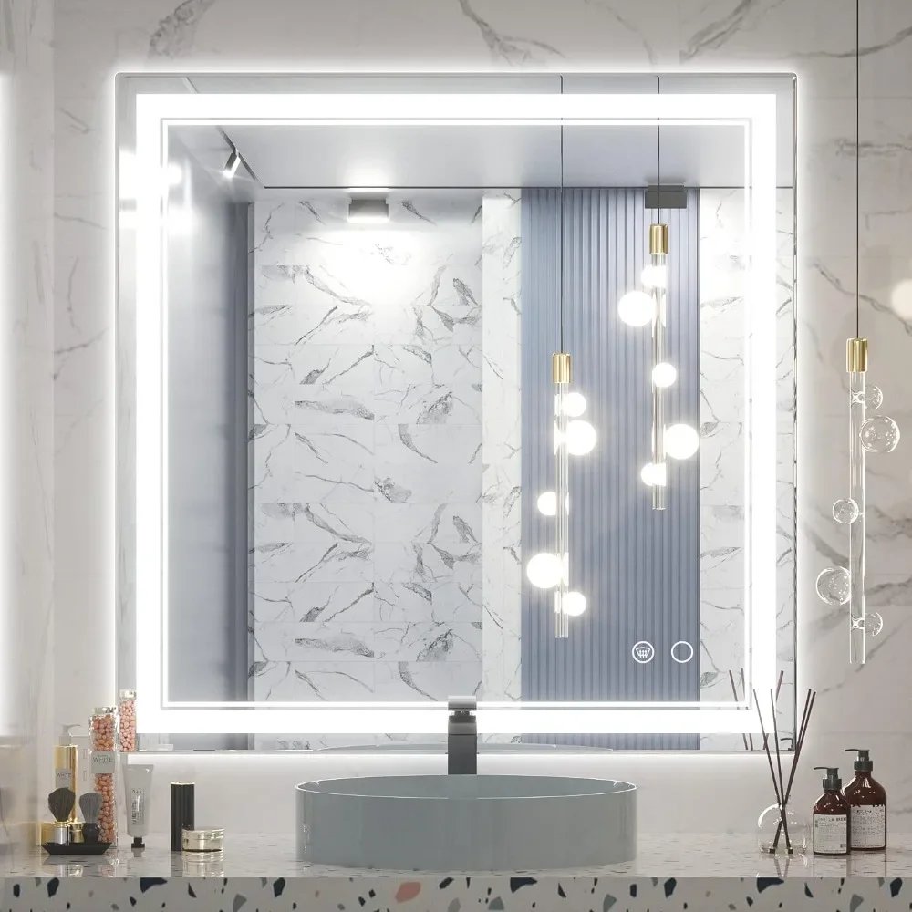 36 x 36 Inch Bathroom Mirror, Square LED Vanity Mirror with Lights, Wall Mounted Anti-Fog Memory Dimmable Front Lighted