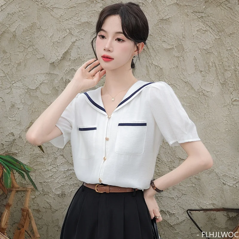 Cute Peter Pan Collar Tops Blouses New 2024 Summer Sweet Girls Preppy Style Solid Pockets White Button Shirts