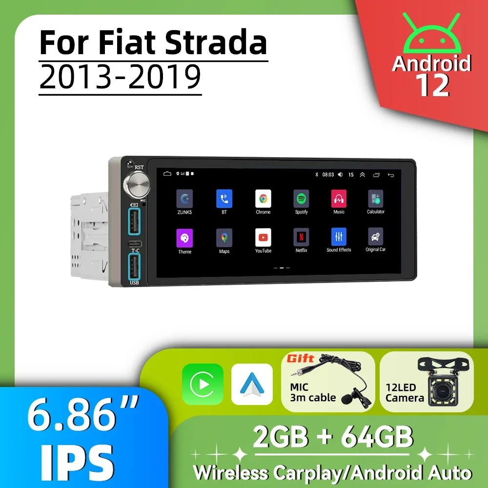 

Автомобильный радиоприемник 1 Din, авторадио, Android, мультимедиа для Fiat Strada 2013-2019, 6,86 дюйма, стерео головное устройство, Carplay, Android, авто GPS, BT