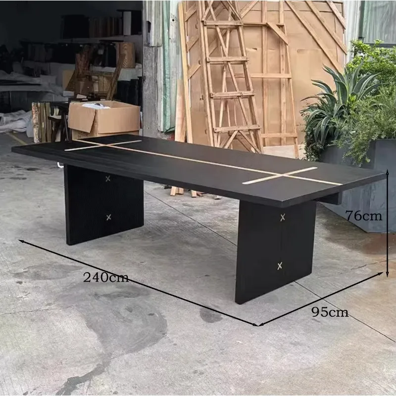 Modern style black solid wood long dining table, designer retro light luxury style daily family desk negotiation table