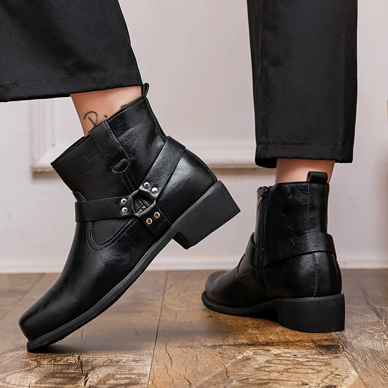 Men High Top Boots PU Solid Color Low Heel Square Toe Fashionable Classic Men Boots Size 38-46