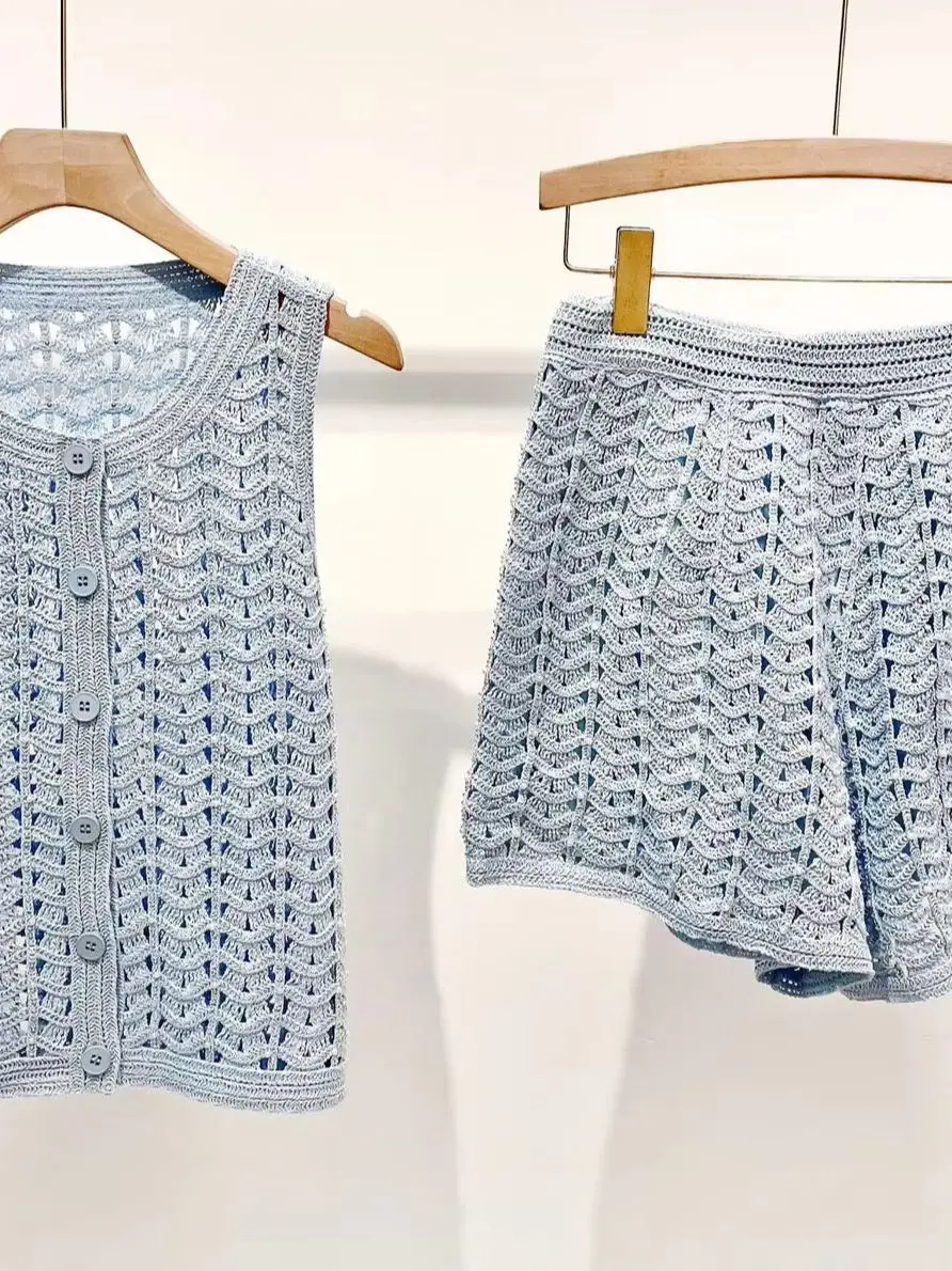 

Spring/Summer Women Rhinestone O-Neck Hollow Solid Knit Set Sleeveless Single Breasted Vest + High Waist Loose Fashion Shorts