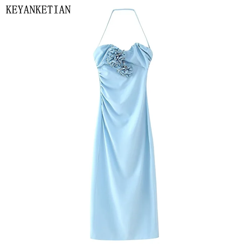 

Новинка 2024, женское атласное платье-комбинация KEYANKETIAN с аппликацией, летние элегантные сексуальные небесно-голубые облегающие плиссированные платья миди с лямкой на шее