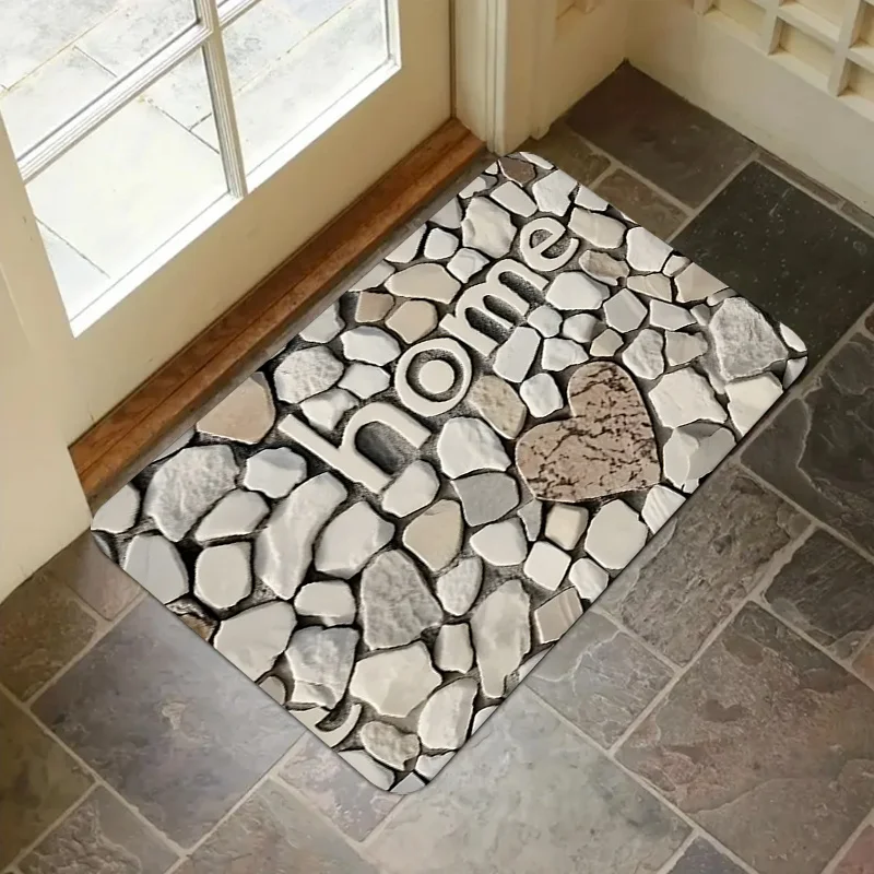 Stone Pattern Home Letter Doormat, Cobblestone Heart Printed Floor Mat, Rustic Household Entryway Rug
