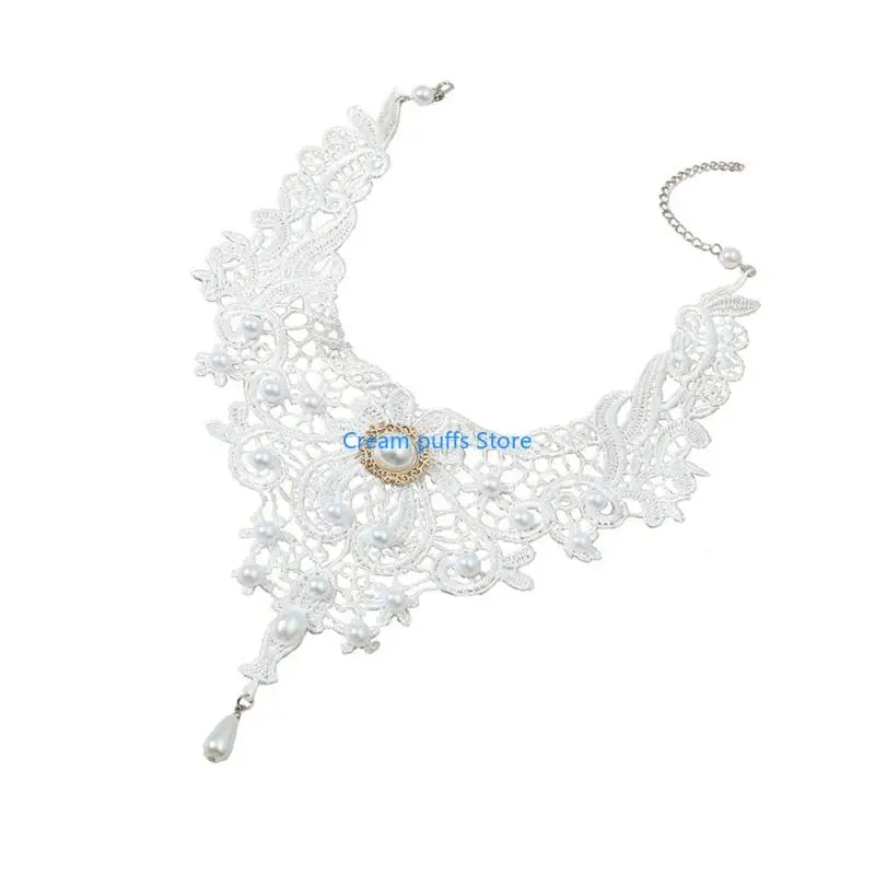 50LE Lace Choker Necklaces Gothic Steampunk Lace Chokers with Crystal Neck Chain Collar Vampires Choker Vintage Thick Choker