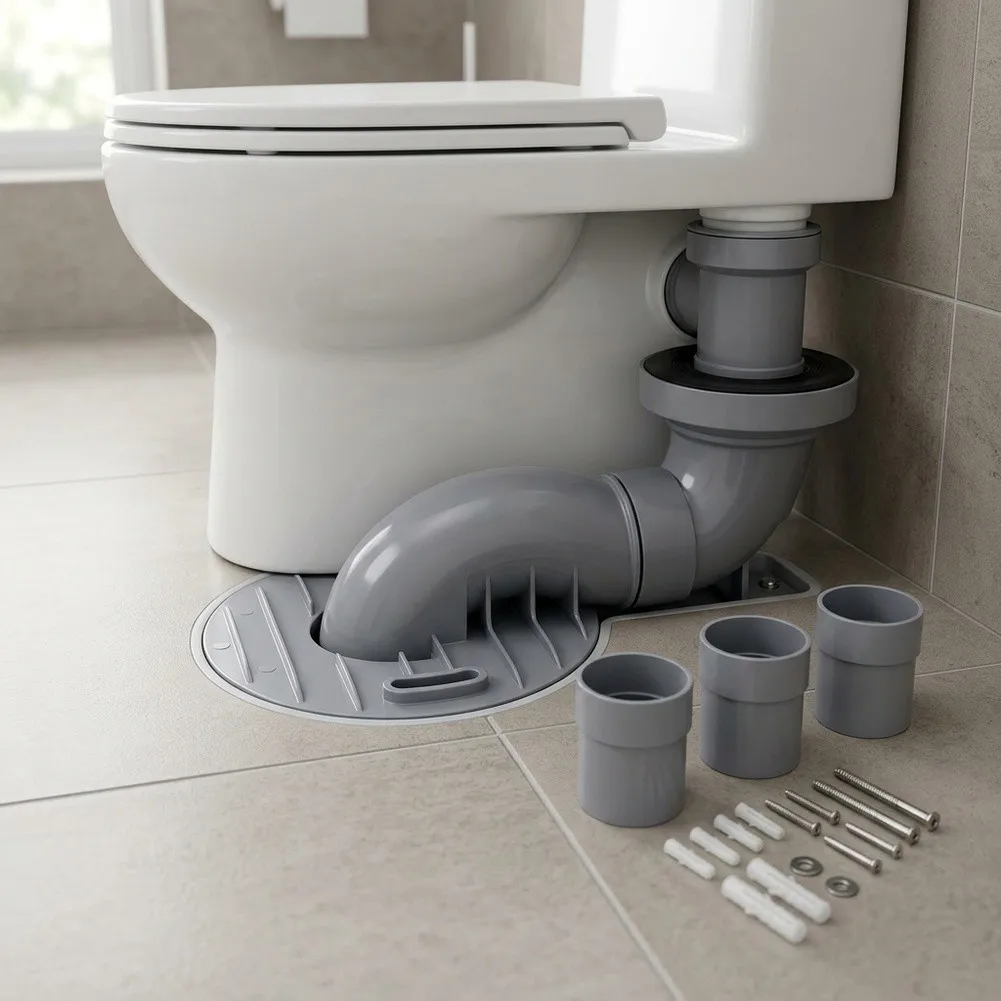 Siphon Displacement Fitting for Toilet Seats with Adjustable Length Capability for Broad Drain Pipe Compatibility