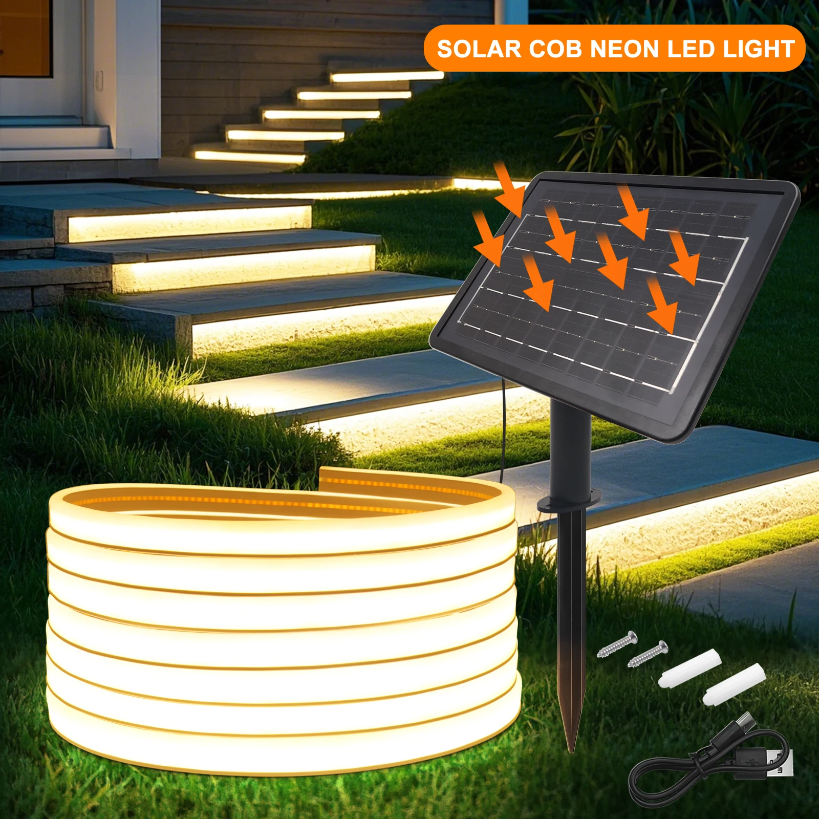 Solar Powered COB Neon Strip 24V 320Leds/M 3000K 4000K 6000K IP67 Waterproof Outdoor Garden Decor Flexible Ribbon Rope LED Light