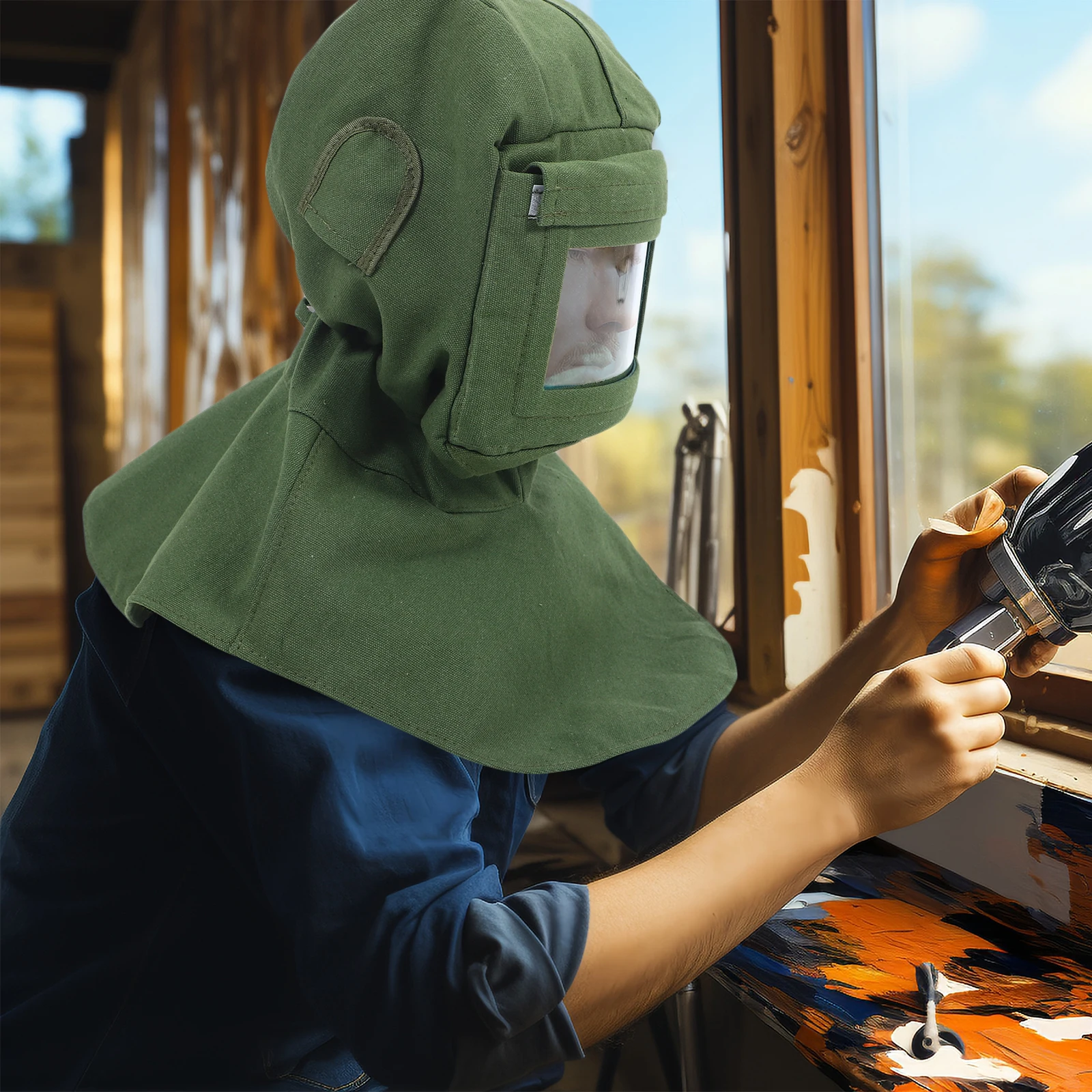 غطاء محرك السفع الرملي المضاد للغبار، شال واقٍ من القماش عالي التحمل مع زجاج للاستخدام الصناعي، غطاء السفع الرملي #2