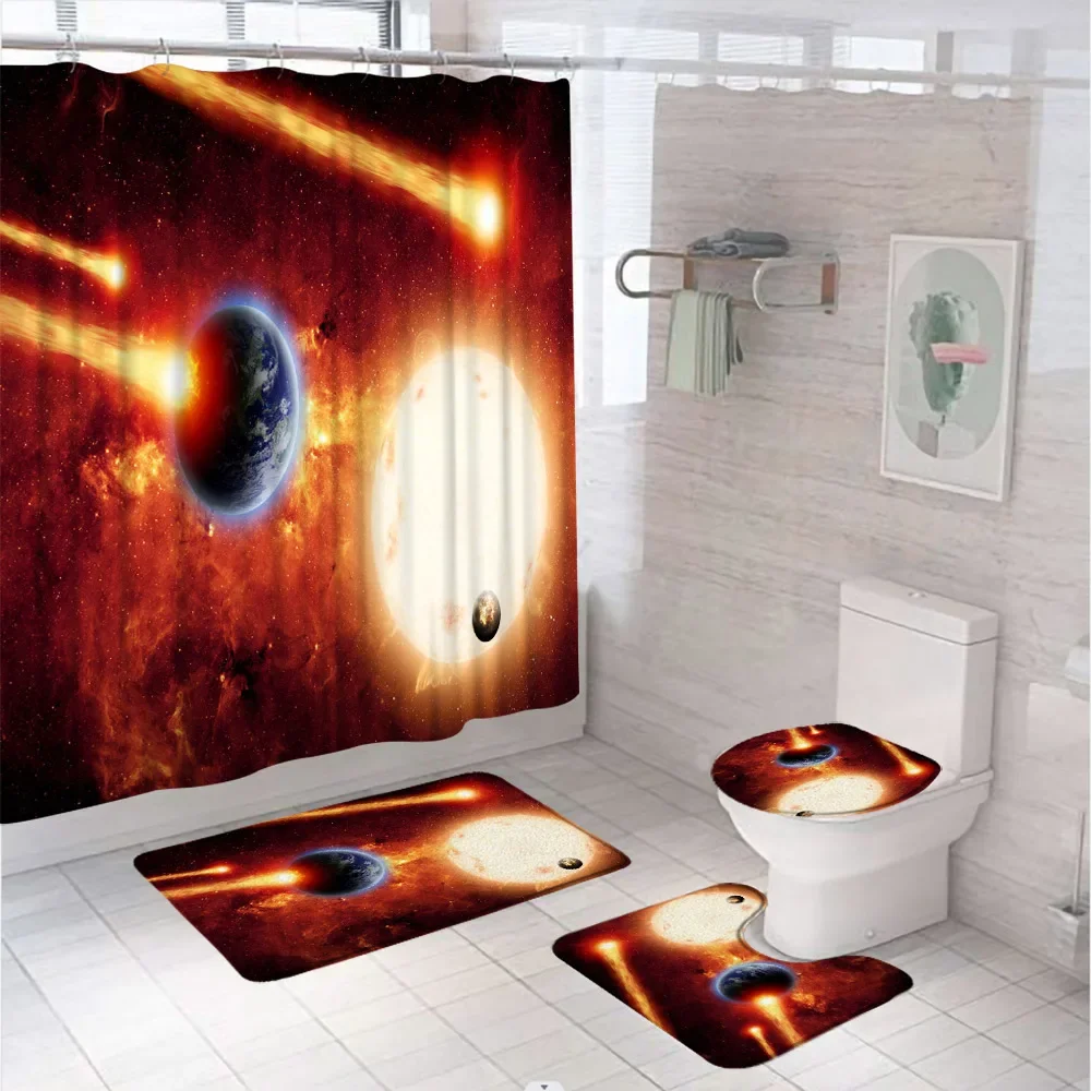 Outer Space Universe Planet Galaxy Fabric Shower Curtain Set Blue Starry Sky Bathroom Bathtub Curtains Bath Mat Rug Toilet Cover