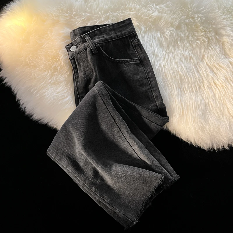 Men's Black Ripped Jeans Spring/summer Loose Straight Leg Denim Pants Korean Casual Fashion Solid Color Male Trousers