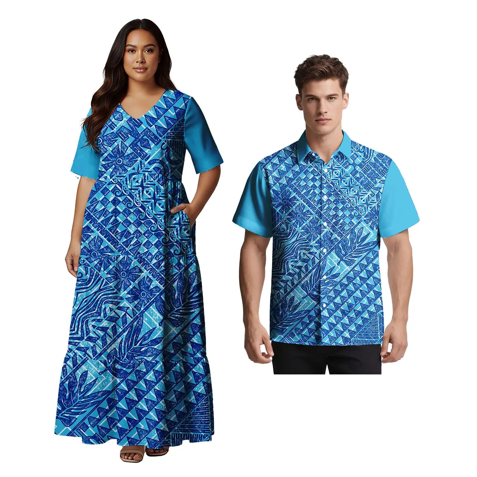 

Комплект из 2 предметов на заказ, Гавайская одежда для милых влюбленных, самоа, женское элегантное платье, мужская красивая рубашка, одинаковые комплекты для пар, полинезийские