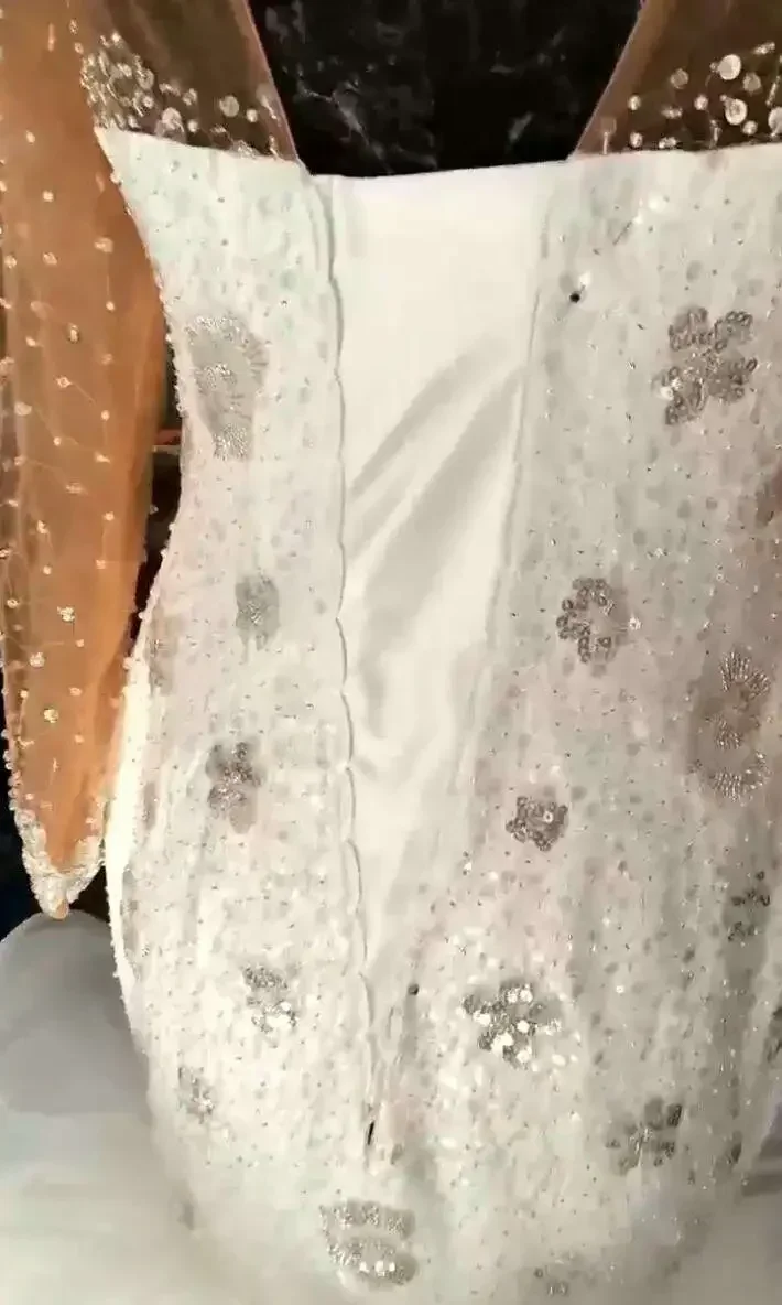 Suknia Ślubna Syrena z Wysokim Dekoltem, Aplikacjami z Błyszczących Koralików, Organza, Kaskadowe Falbany, Vestidos De Novia