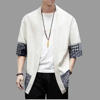 Cárdigan tipo kimono japonés de marca para hombre, cárdigan holgado de lino y algodón con manga 3/4, chaqueta informal de verano