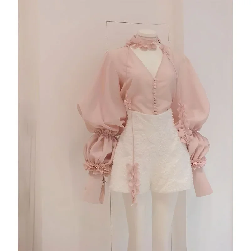 

2023 Summer Sweet Gentle Solid Color Long-Sleeve Shirts Pink Bowknot Blouses+high Waisted Shorts Two Piece Sets Womens Outifits